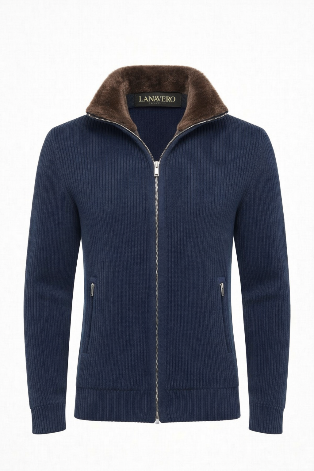 Navy cashmere wool blend cardigan with foax fur