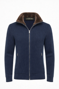 Navy cashmere wool blend cardigan with foax fur