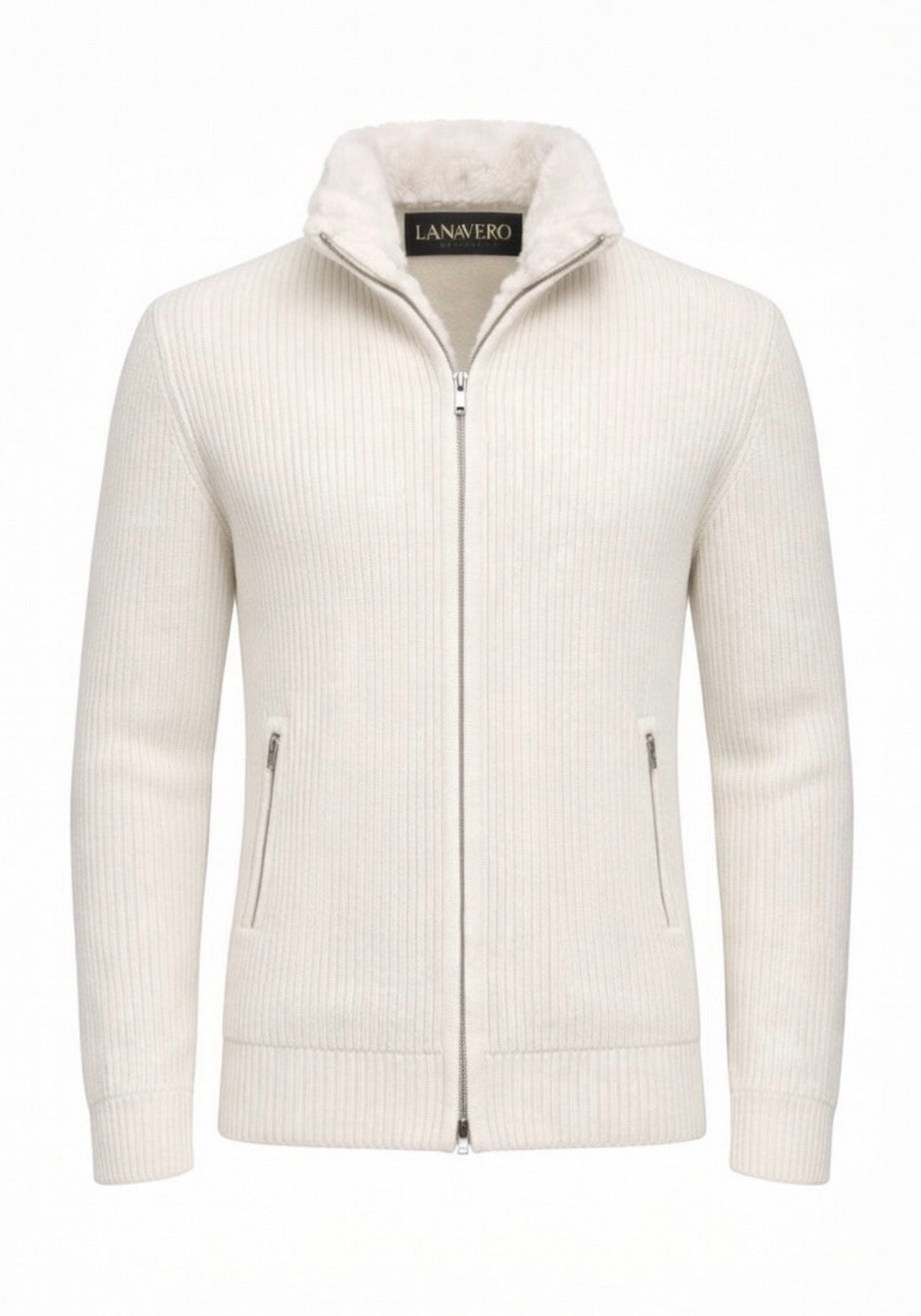 Off-white cashmere wool blend cardigan with foax fur